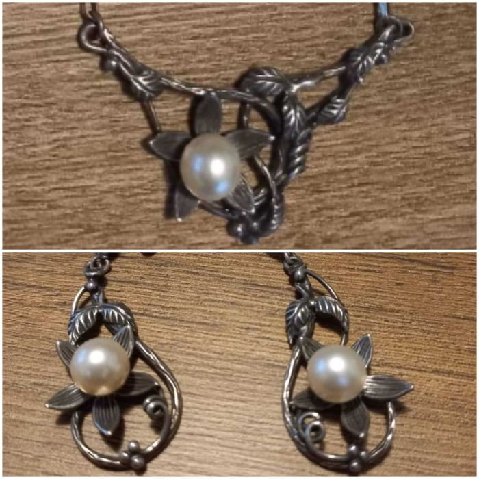 Srebrny komplet stylowej biżuteri z perłami