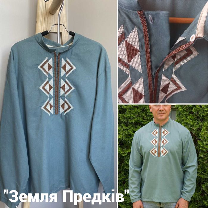 Чоловічі вишиванки різних відтінків синього та зеленого кольорів, льон