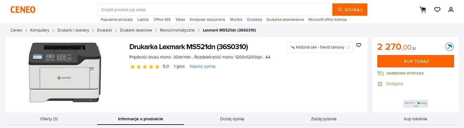 NOWA Drukarka laserowa LEXMARK MS521dn A4 mono sieć