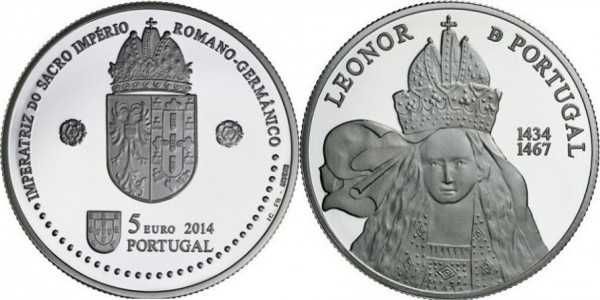 Moeda 5 € Prata Proof Rainhas da Europa D. Leonor de Portugal - 2014