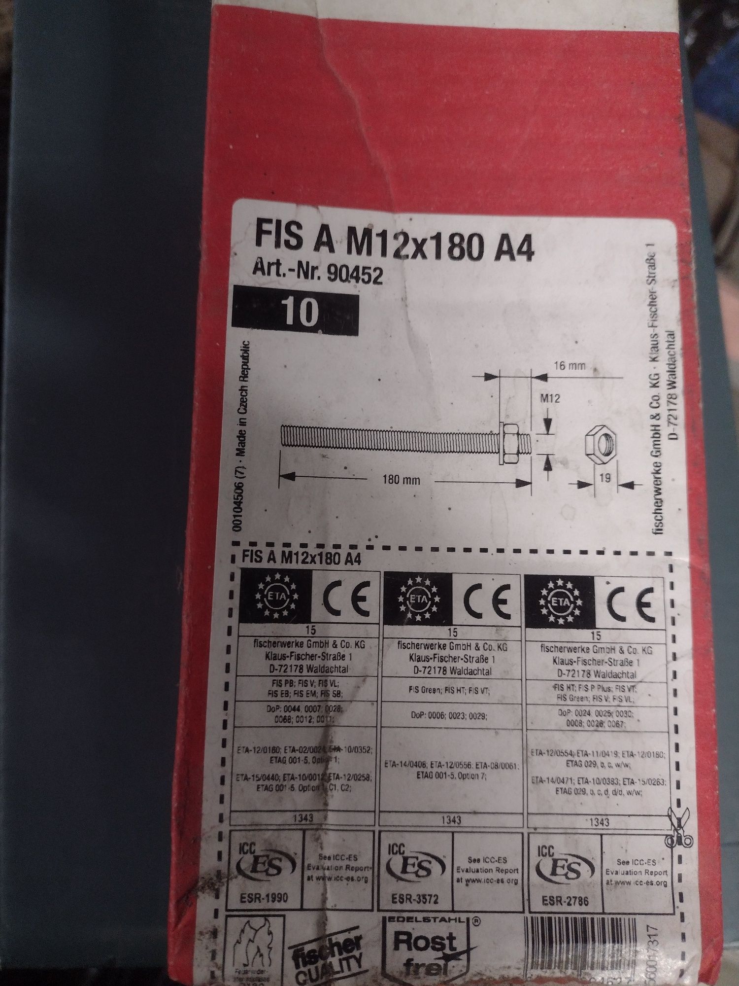 Pręty gwintowane m10x170 i m12x180 Fischer cena za paczkę 10szt