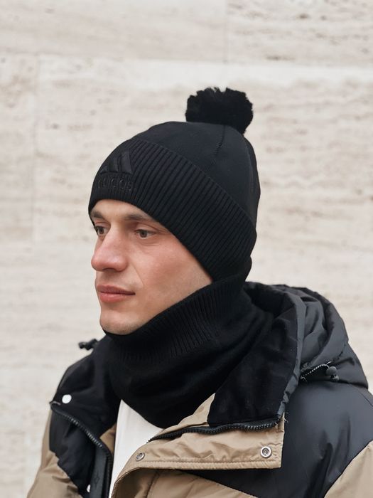 Мужская ШАПКА+БАФ ADIDAS з помпоном на флисе Зимний комплект утепленны