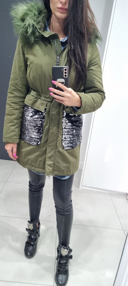 Plaszcz guess kurtka liu jo s / m khaki cekiny parka