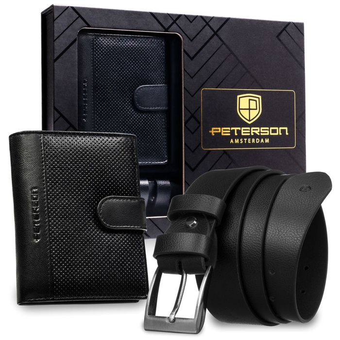 zestaw prezentowy: skórzany, pionowy portfel męski w czarnym kolorze