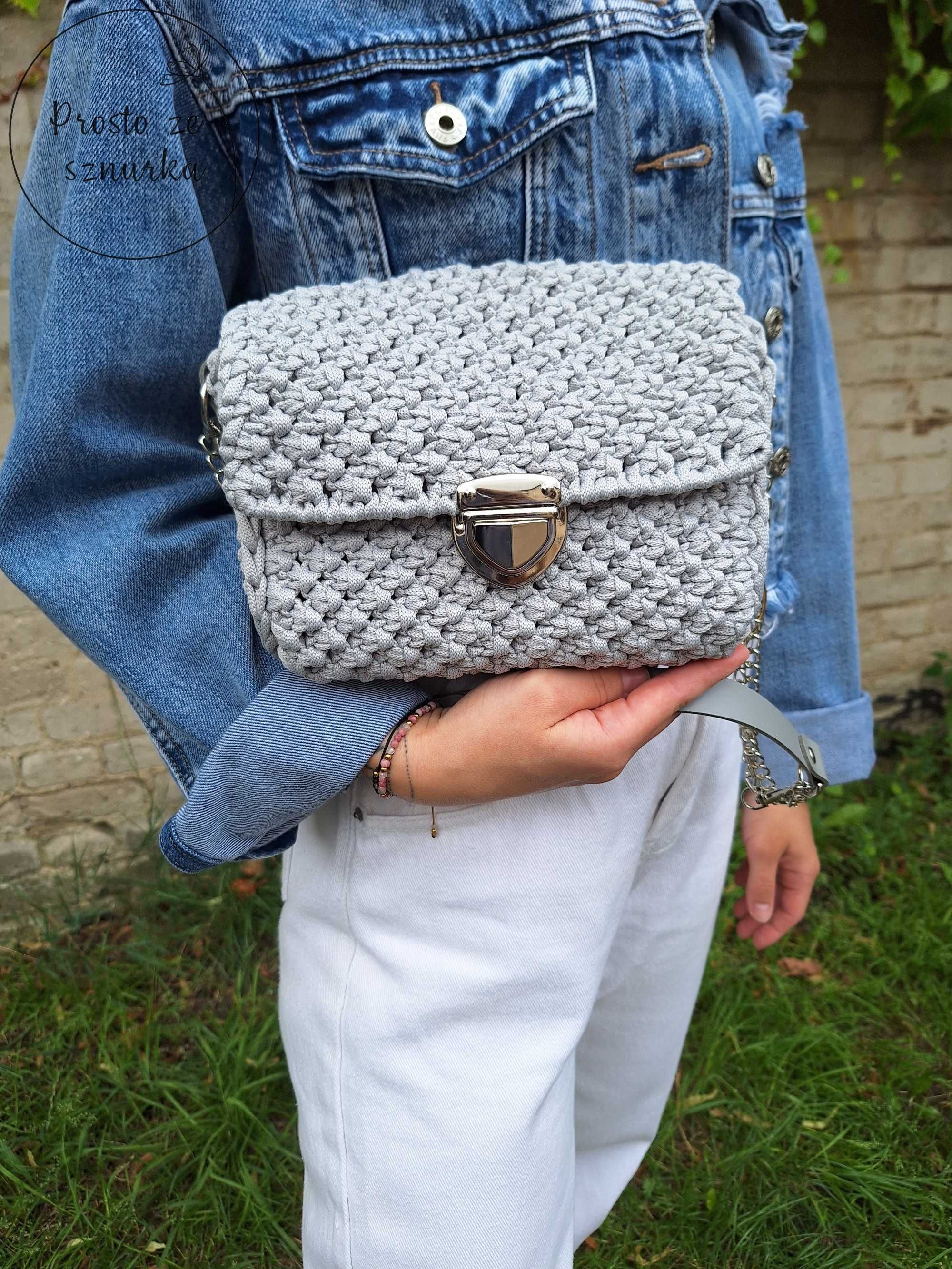 Torebka ze sznurka na łańcuszku ze skórą naturalną makrama handmade