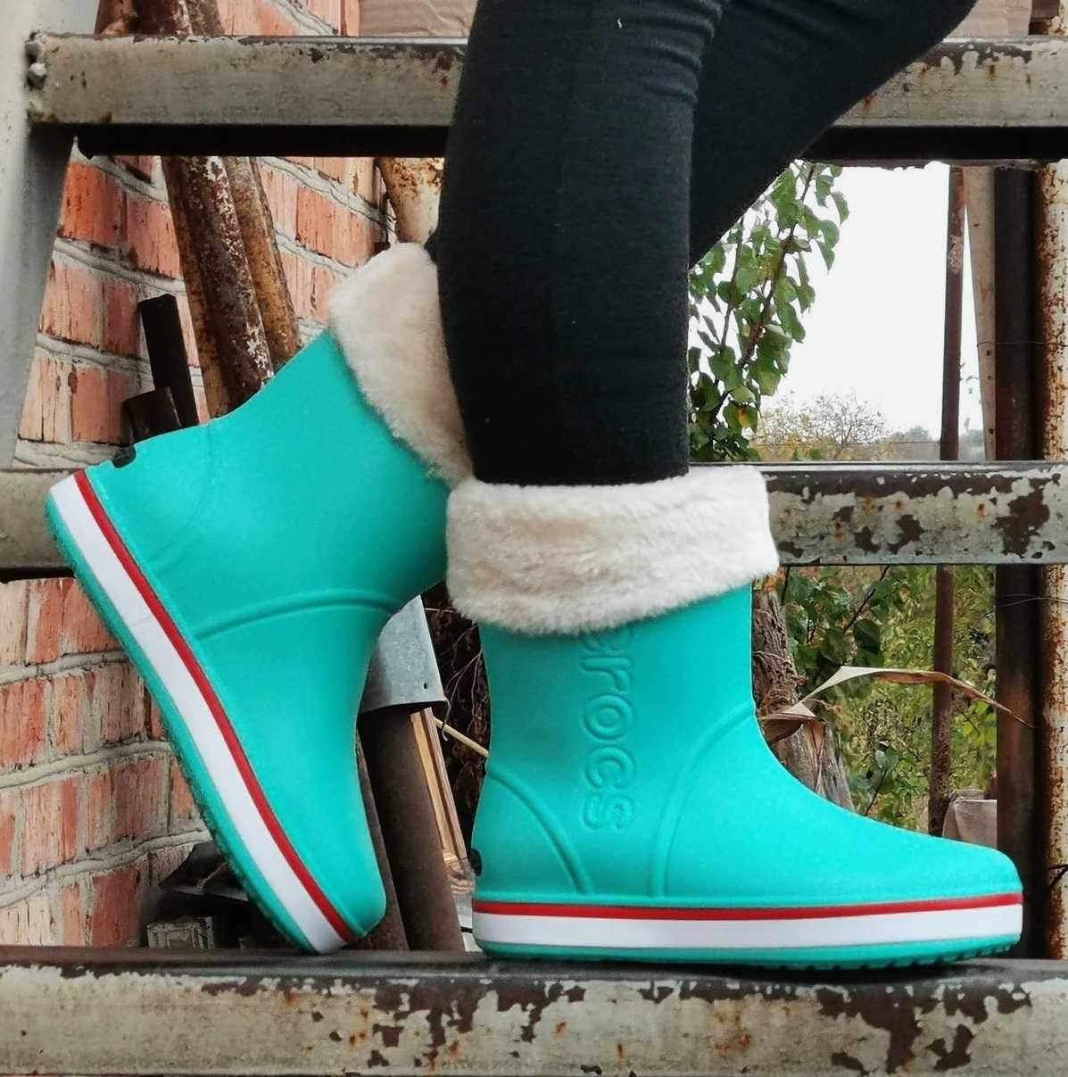Женские Резиновые Полусапожки CROCS Сапоги Кроксы Теплые Зимние Бирюзо