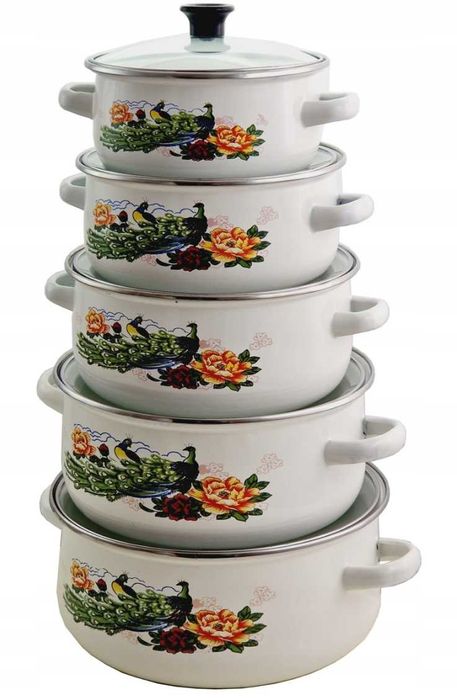 GARNKI EMALIOWANE komplet 5 garnków 5 pokrywek emalia tradycyjne