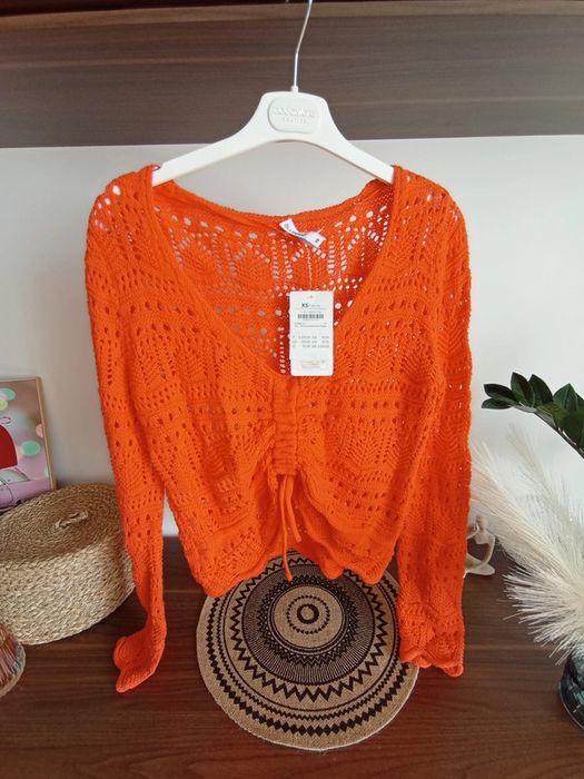 Pomarańczowy ażurowy sweterek ze ściągaczem na lato XS S nowy