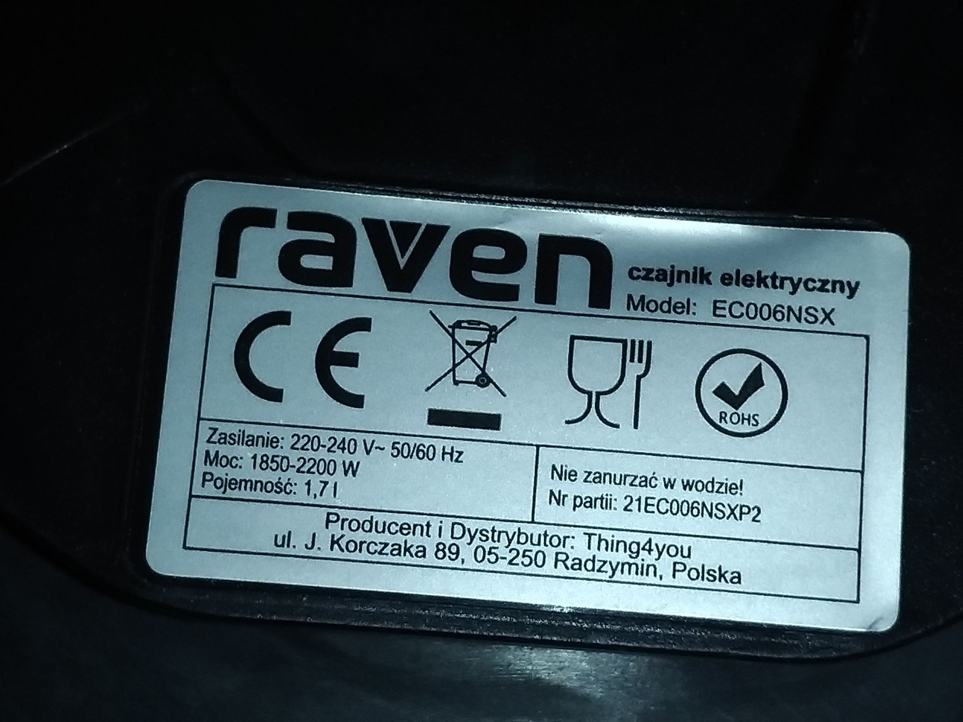 Czajnik elektryczny Raven na części