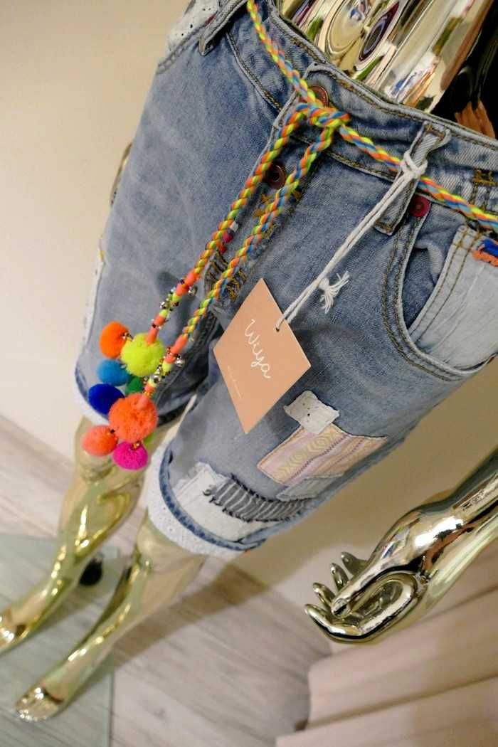 Wiya  spodenki szorty jeansowe z łatkami ażur - pasek M-L