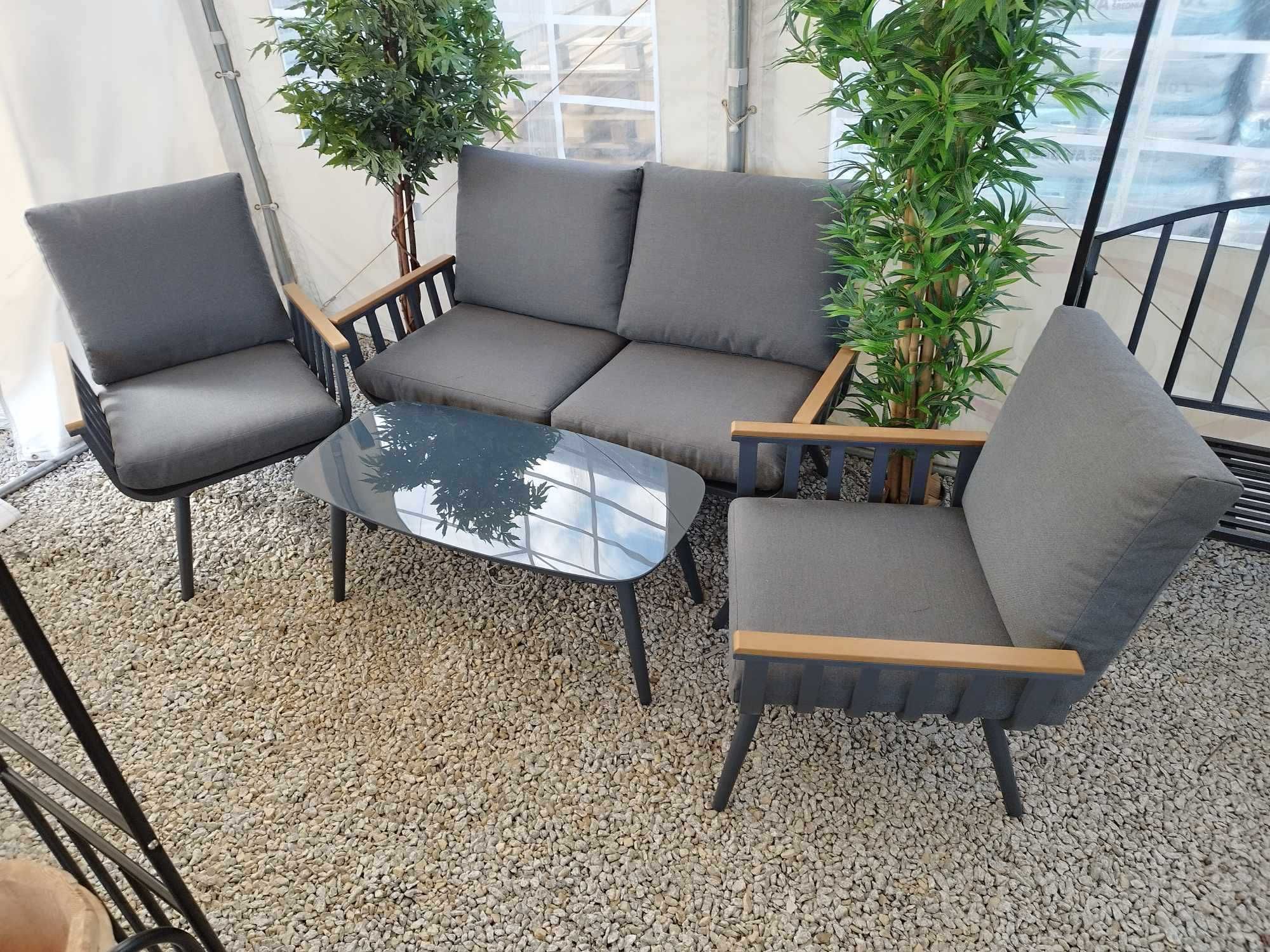 Meble ogrodowe aluminiowe sofa + 2 fotele + stolik szare poduchy