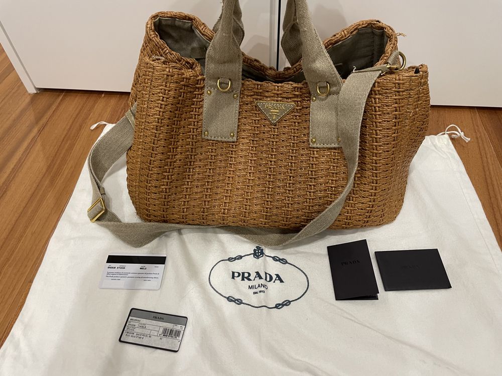 PRADA Tote Bag BN2038 2 waytote raffia/canvas camel