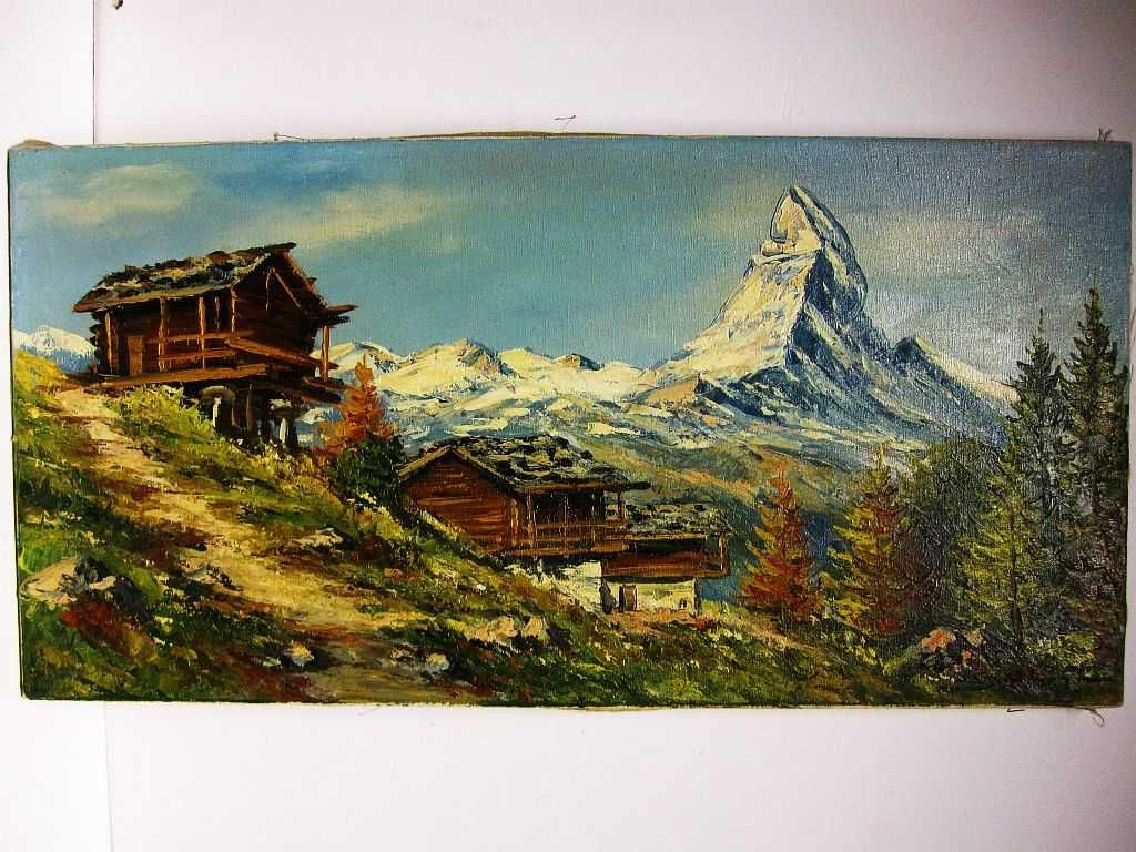 antiga pintura em óleo sobre tela-paisagem-Matterhorn-ass.: Baumgarten