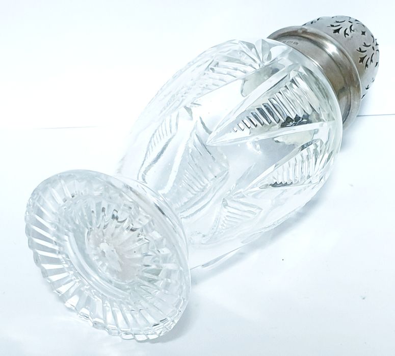 Lindo antigo frasco de açúcar inglês em cristal com prata contrastada