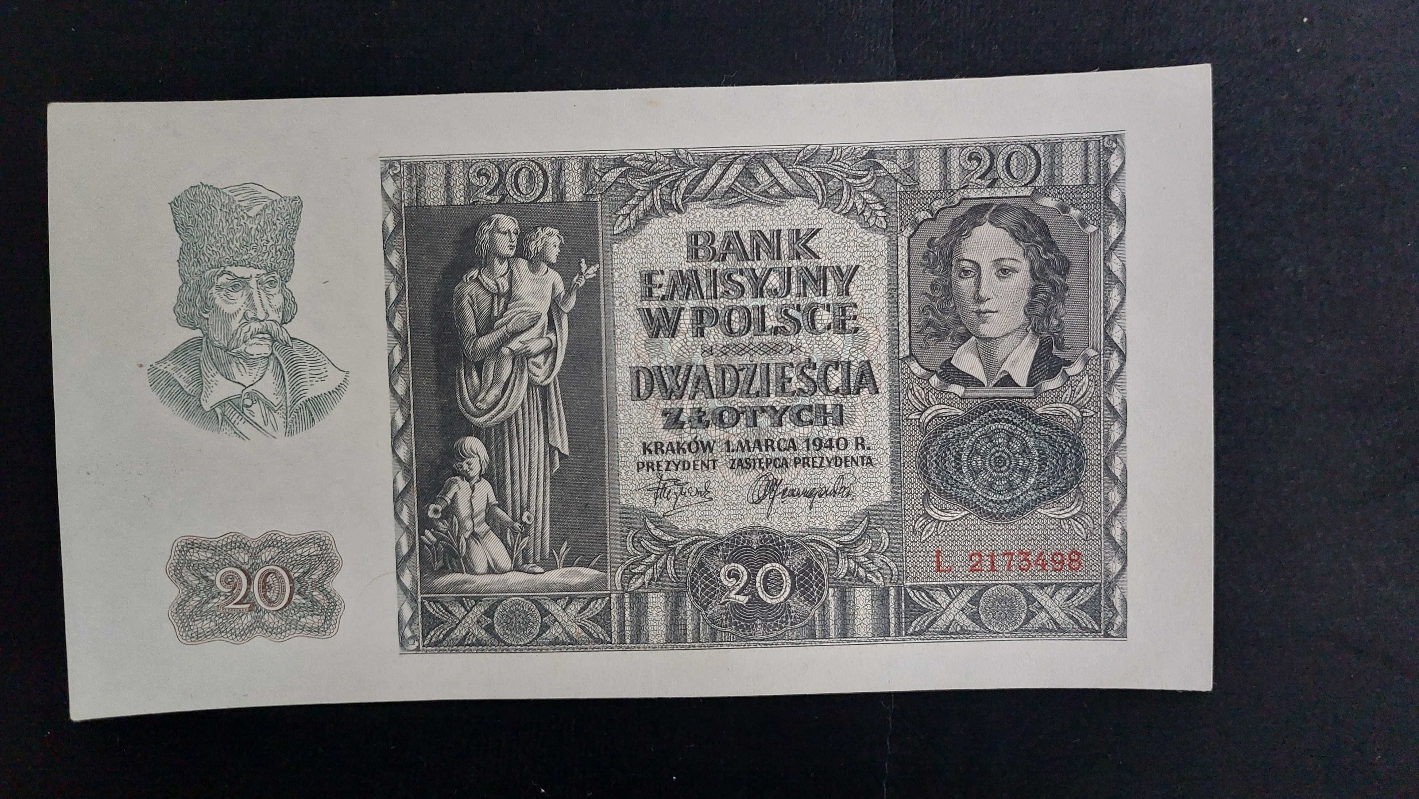 20 zł 1940 (nie 1944r 1946r 1948r 1916r 1918r 1947r  idealny banknot )