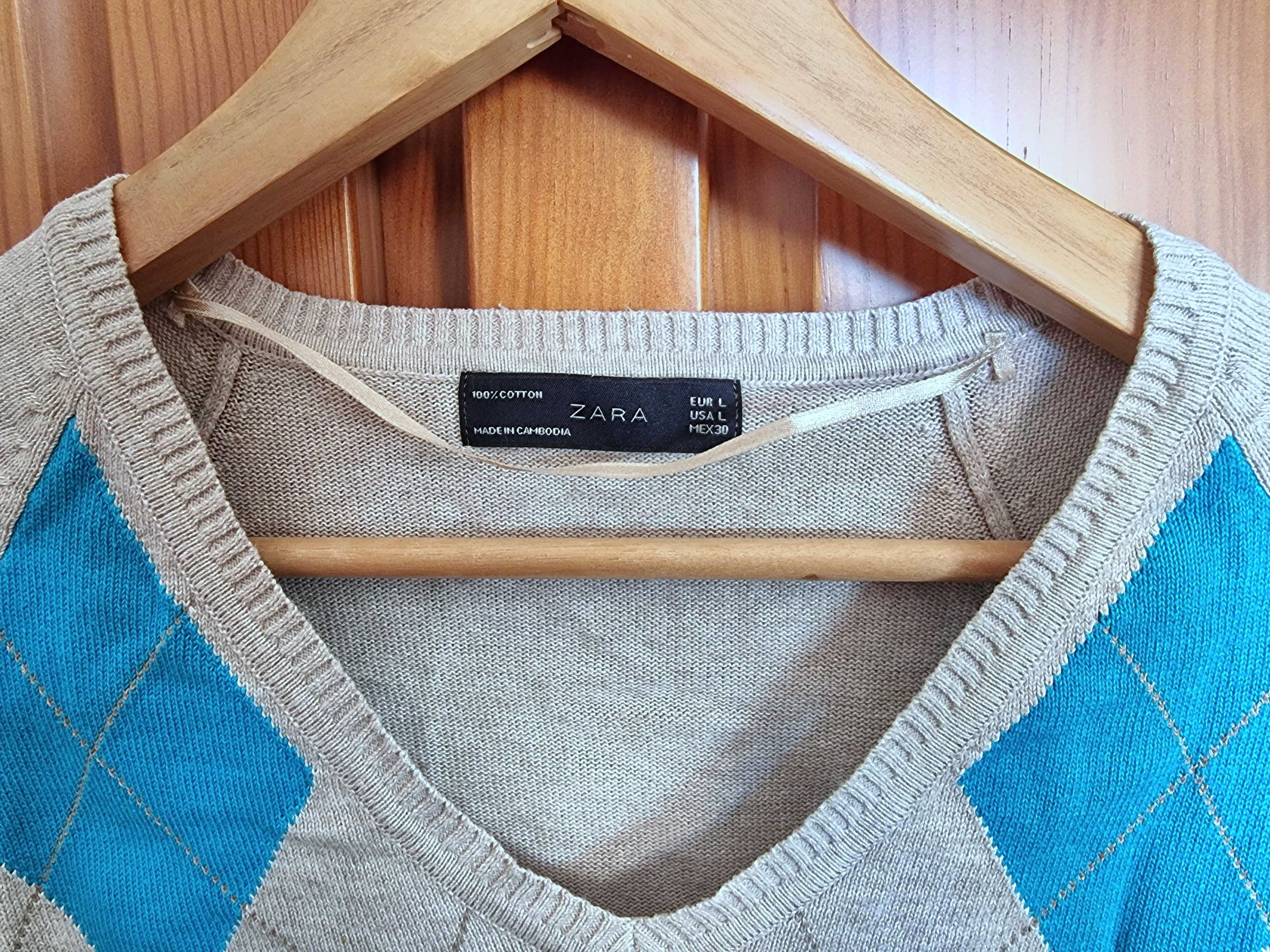 Camisola cinzenta com losangos azuis Zara 100% algodão, tamanho L