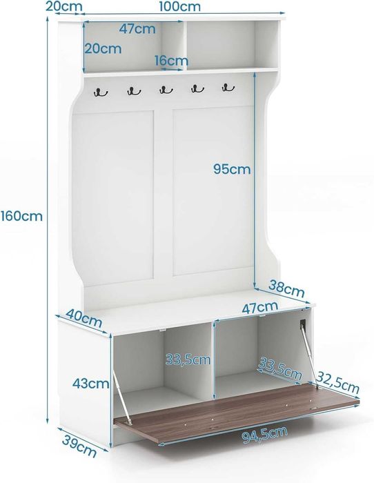 Wieszak do przedpokoju z 5 haczykami, szafką na buty 100x40x160cm WADY