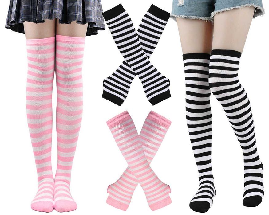 Набір мітенки і гольфи смугасті бавовняні чорно-фіолетові гетри білі