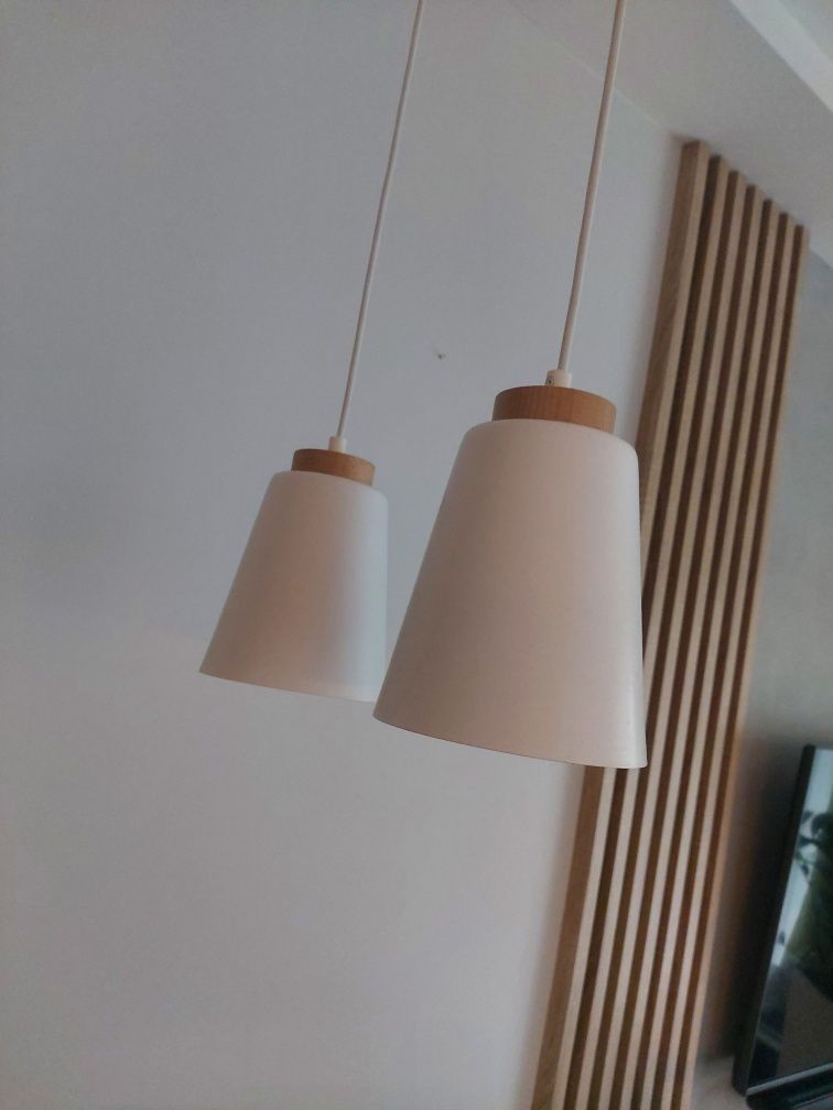 Lampa wisząca nad stół biała drewno podwójna