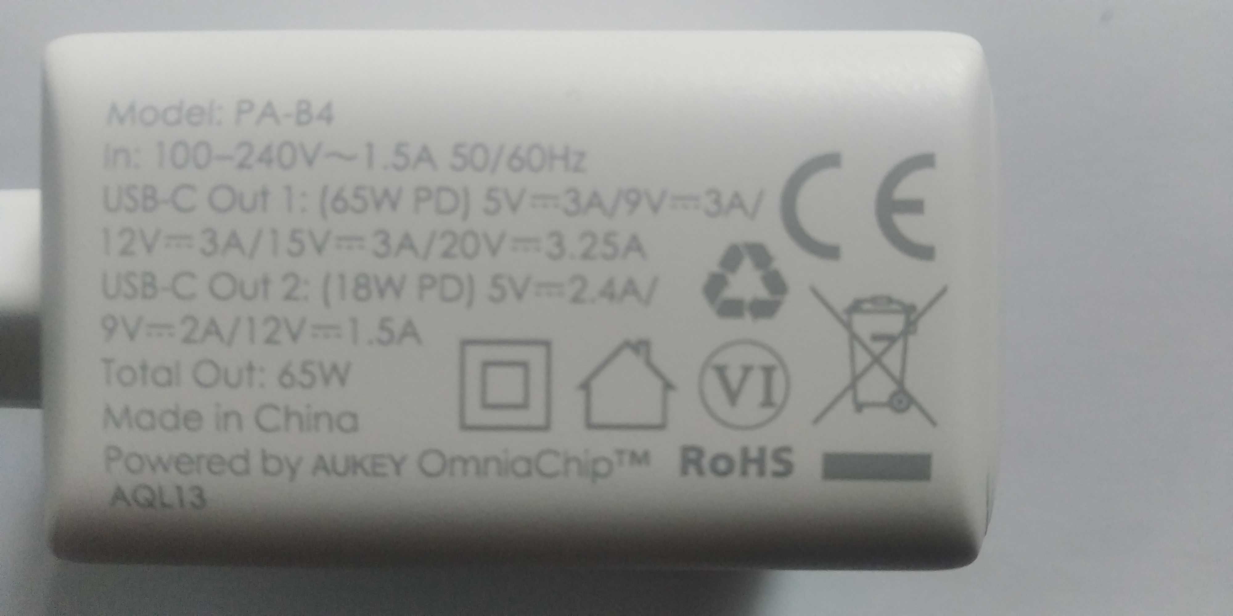 Zasilacz sieciowy Aukey 2xUSB-C PD QC3 65W