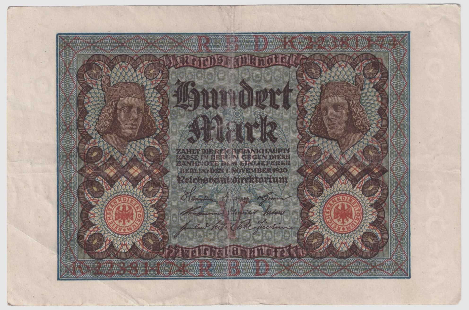 Niemcy, banknot 100 marek 1920 - st. 3