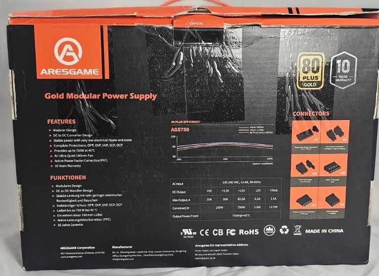 Zasilacz 750 W 80+ Gold półmodułowy zasilacz (ARESGAME AGS750)