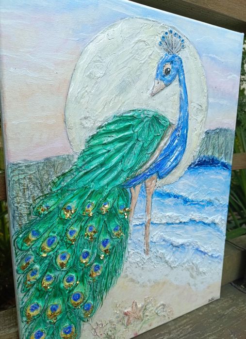 Obraz strukturalny rękodzieło akryle malowany paw