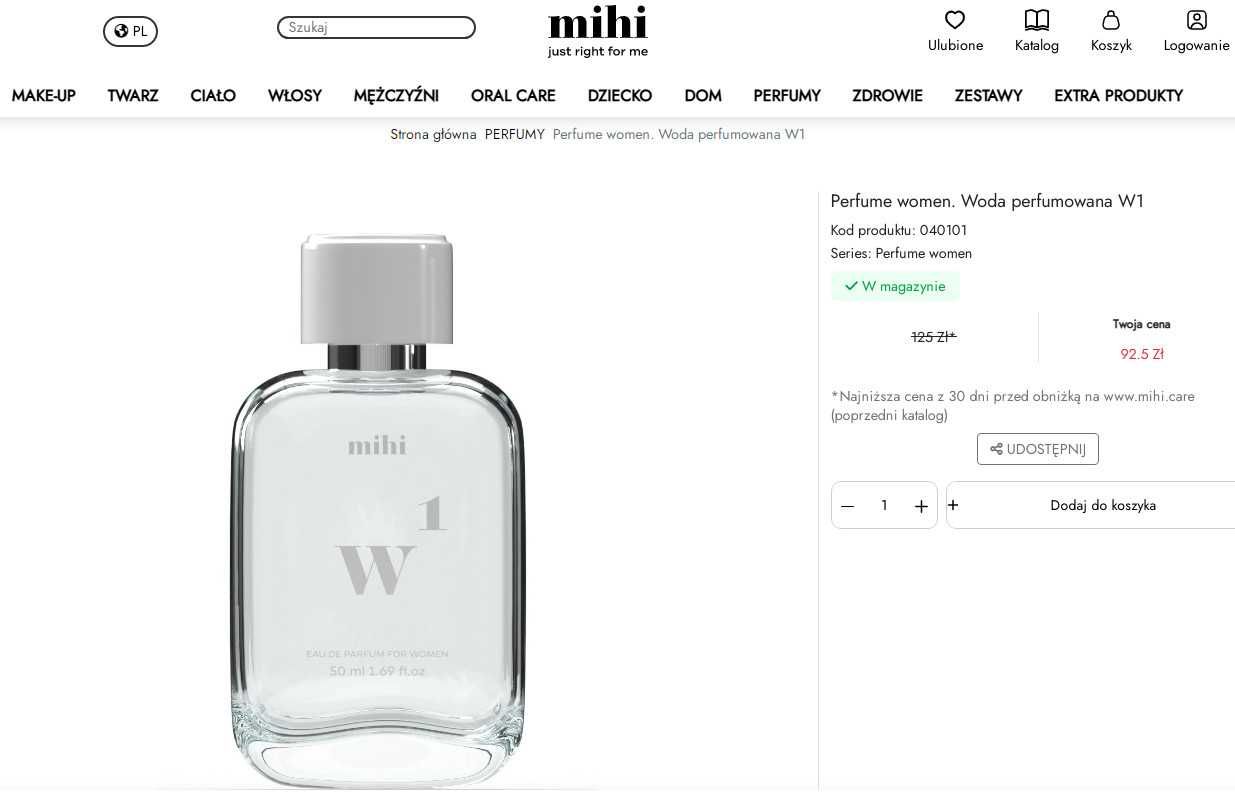 Вода туалетная парфюмированная W1 , бренд  mihi