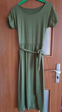 Sukienka długa zielona khaki wiązana z rozcięciem