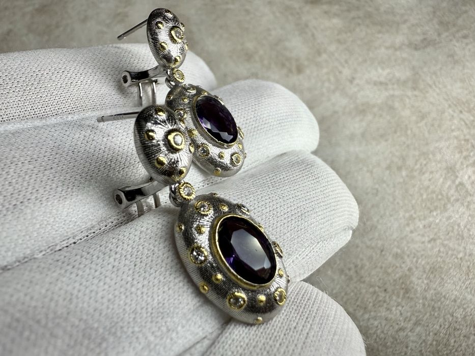 Срібні сережки 925-ї проби з аметистами та фіанітами