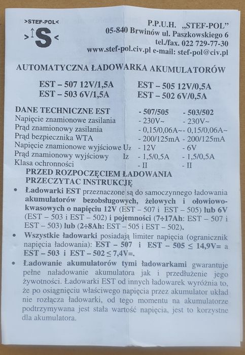 6V  1,5A Ładowarka EST 503 Stef-pol  Dniepr Mz Jawa skuter  Simson