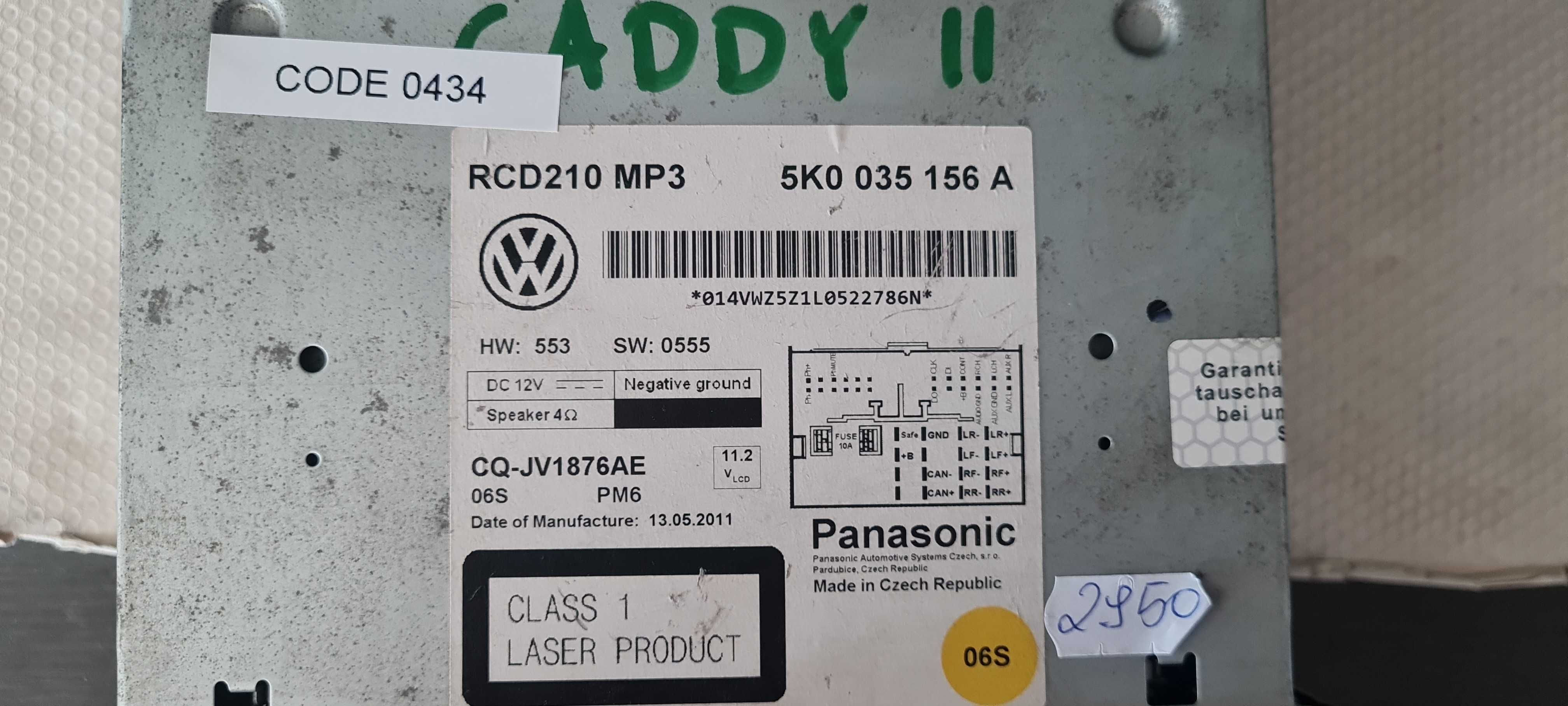 VW Passat B6 Polo RCD210 Radio Mp3 Aux z kodem