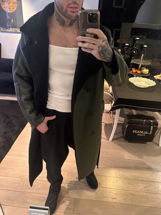 Zielony khaki oliwkowy płaszcz ocieplany kożuch kożuszek męski asos