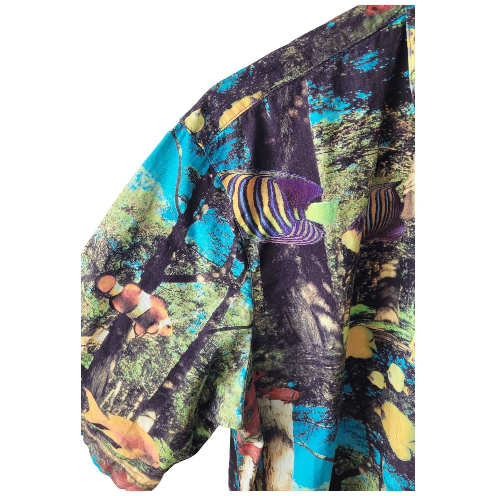 Kolorowa koszula męska krótki rękaw L ryby las ekstrawagancka na lato