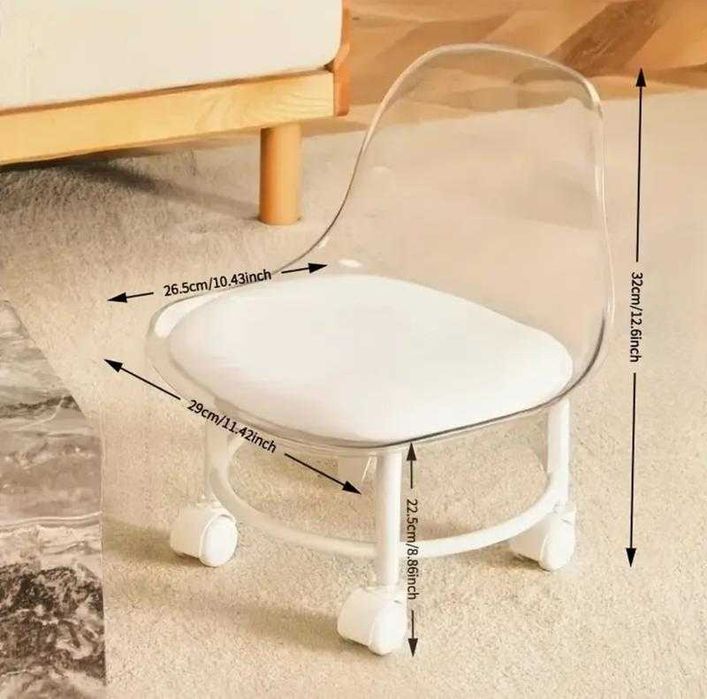 Білий Прозорий Пластиковий Табурет з Колесами\