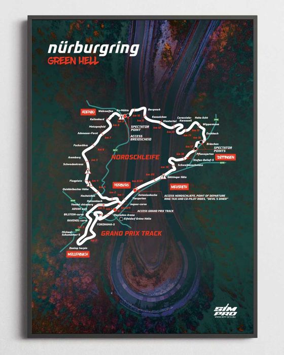 Plakat A3/ A2 Nürburgring Nordschleife „Green Hell” mapa zakrętów
