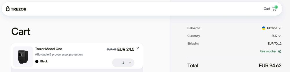 Криптовалютний гаманець Trezor Model One Made in EU Знижка -50%!