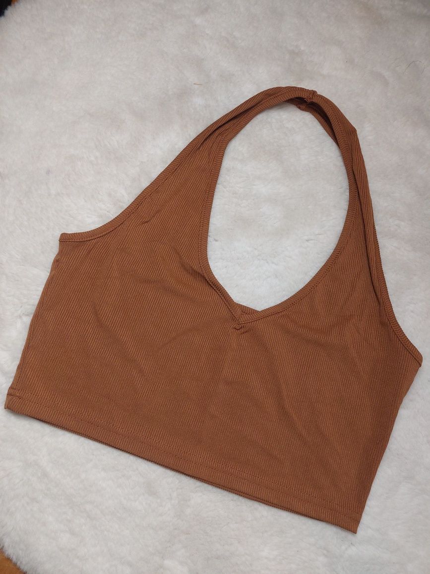 Brązowa bluzka na szyję crop top bez pleców koszulka na lato 38/M