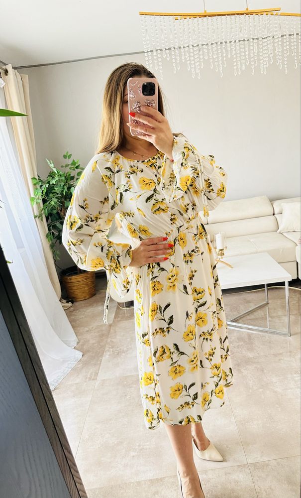 Biala midi sukienka wiosenno letnia w kwiaty, wyjsciowa, wiskoza, M, L
