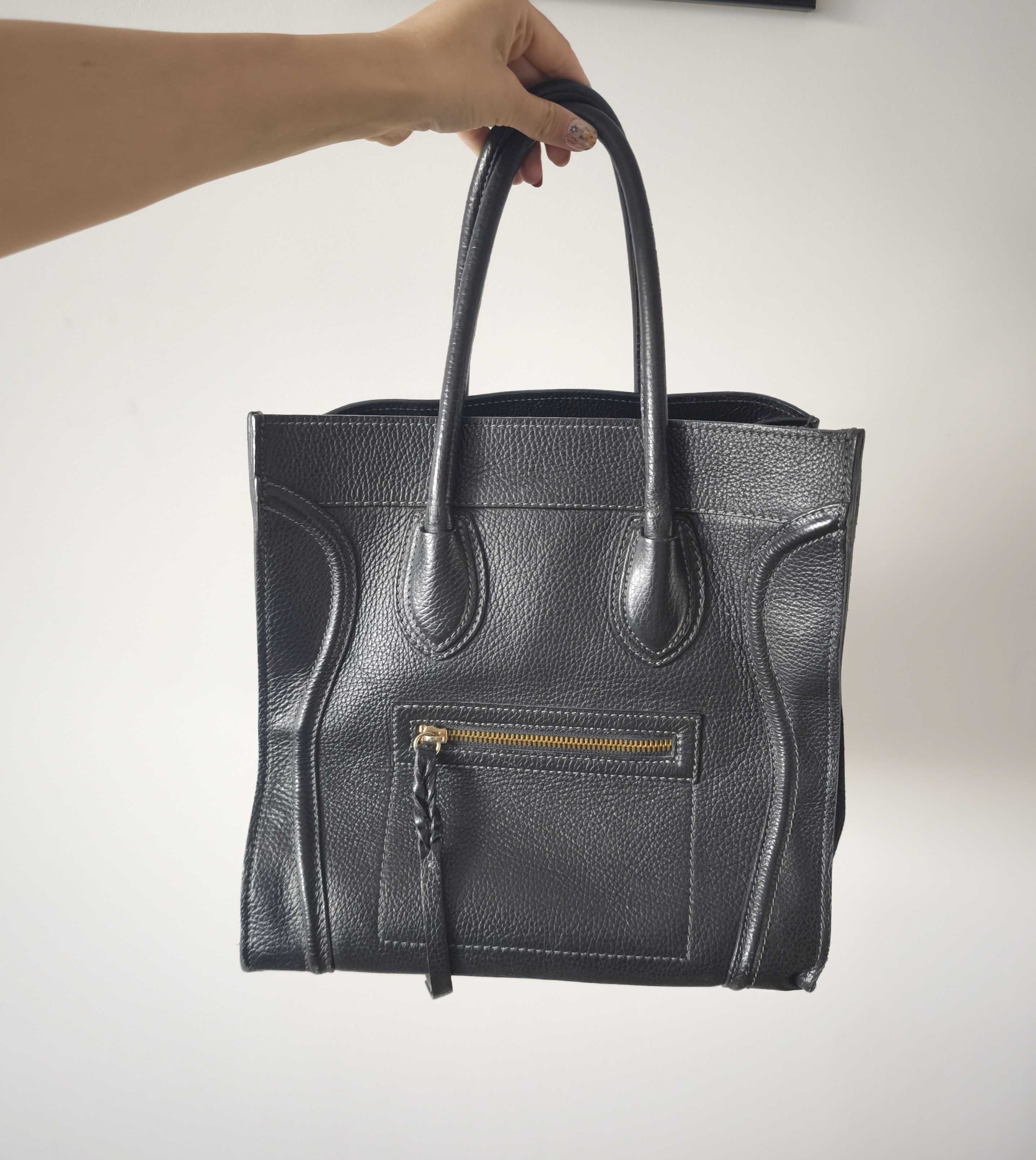 Skórzana torba shopper czarna skóra + zamsz premium trapez duża