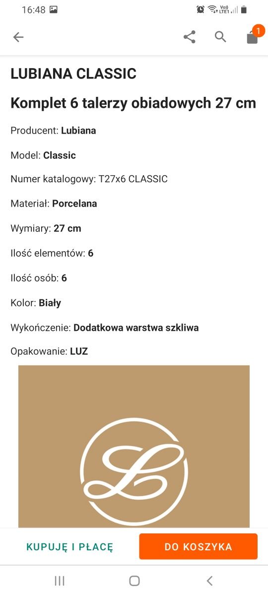 Talerze obiadowe LUBIANA CLASSISC 27 cm 12szt