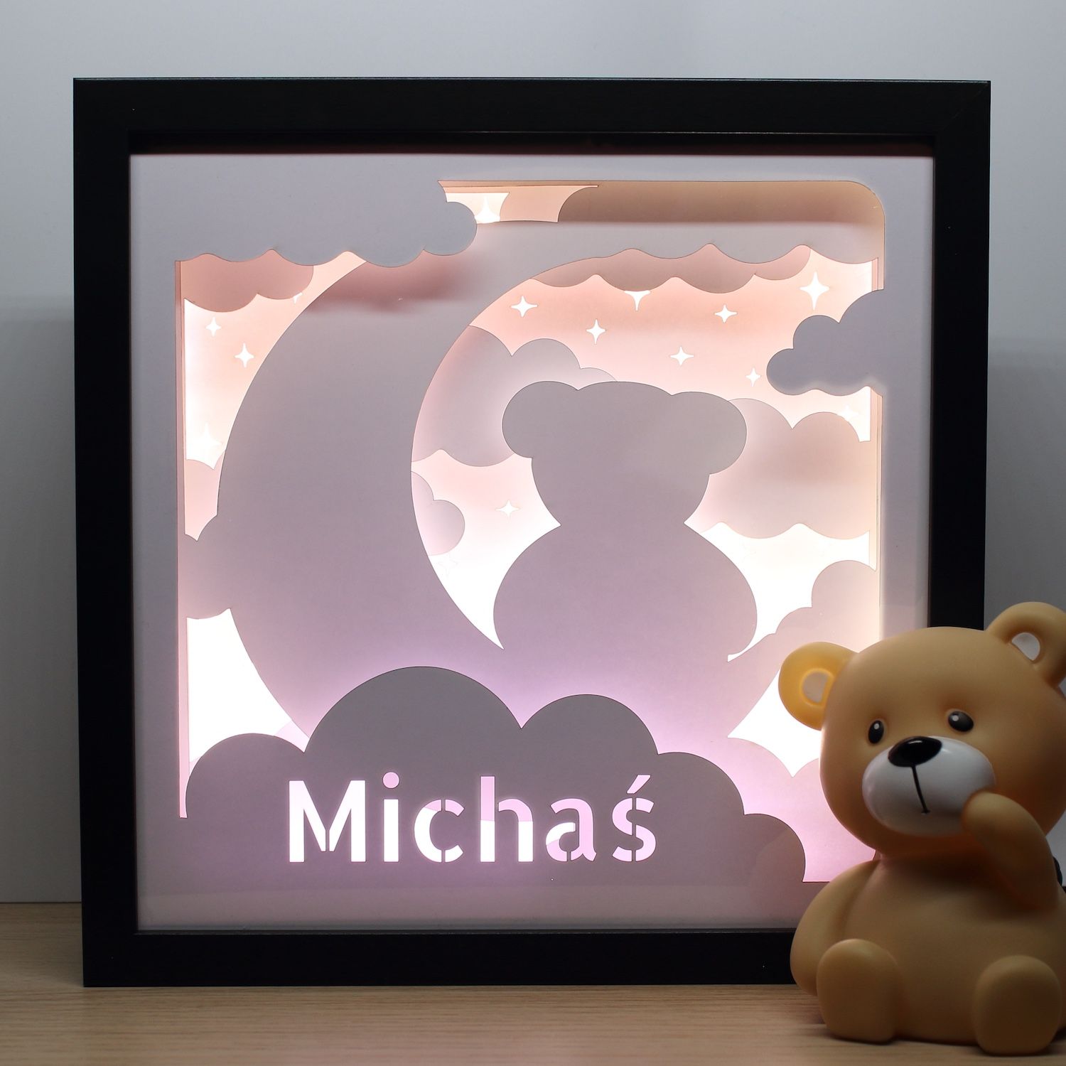 Lampka Nocna Ramka 3D Shadow Box LED Miś na Księżycu