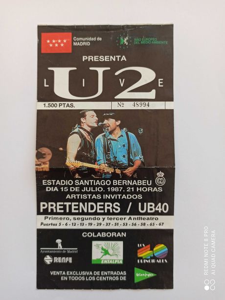 Bilhete usado do concerto U2 em Madrid 1987