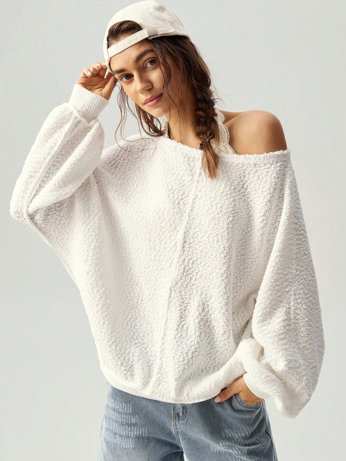 Sweterek Luźny Oversize Teksturowany Dekolt Łódka Ecru Shein S 36