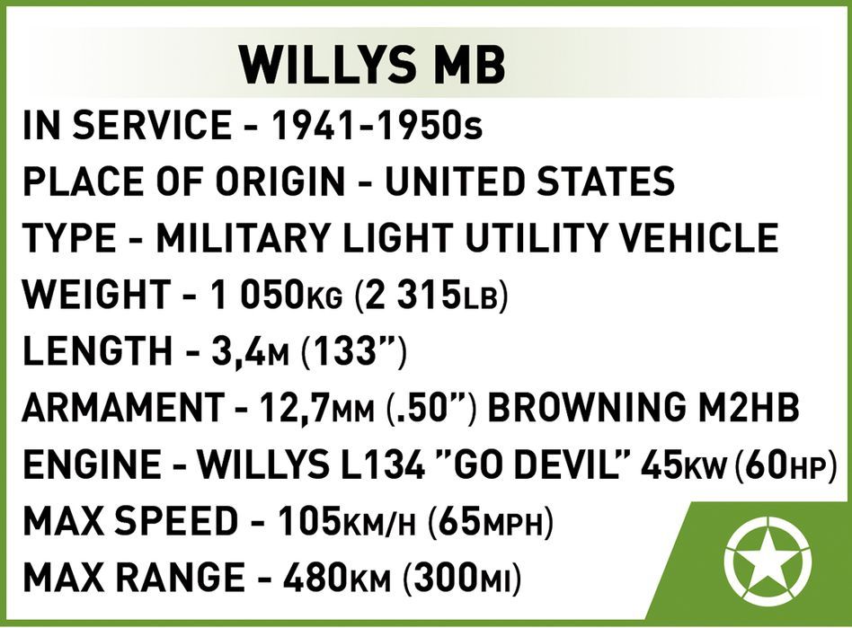 Klocki Cobi 2296 Pojazd Jeep Willys Mb  Hc Ww2 132 El.