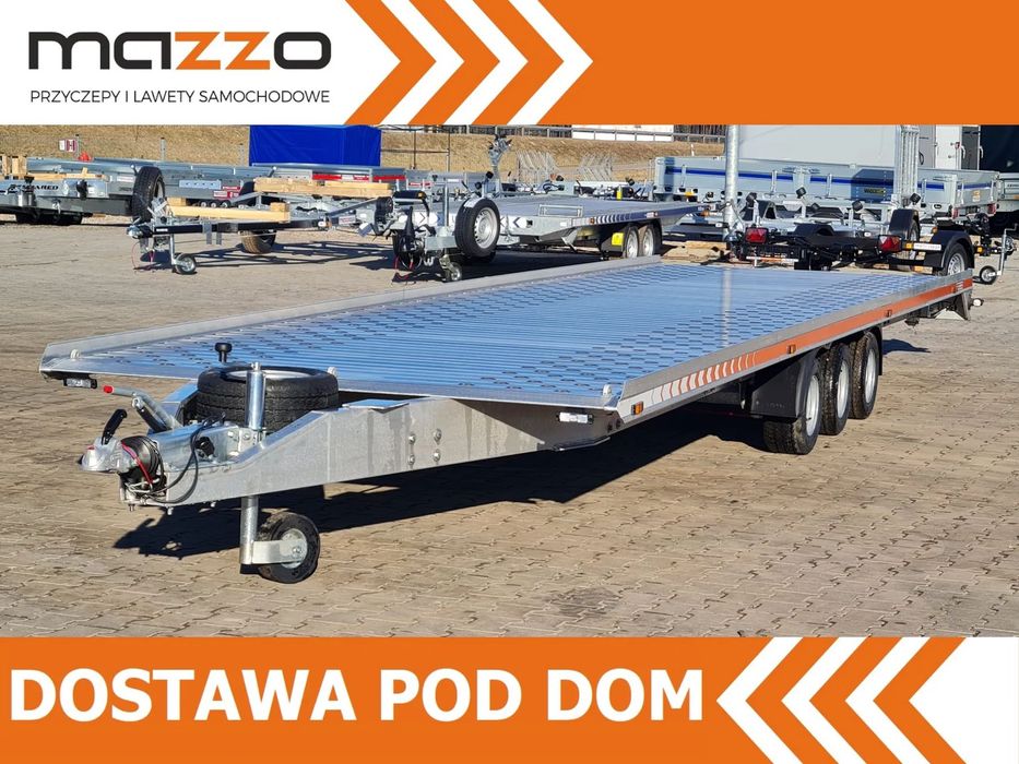 MAZZO DOSTAWA! Laweta ALUMINIOWA 850x210cm! Masa własna tylko 840kg! DMC 3500, przyczepa NA DWA AUTA, koło zapasowe, najazdy  MAZZO 850x210cm Laweta ALUMINIOWA 3 osie, koło zapasowe DOSTAWA