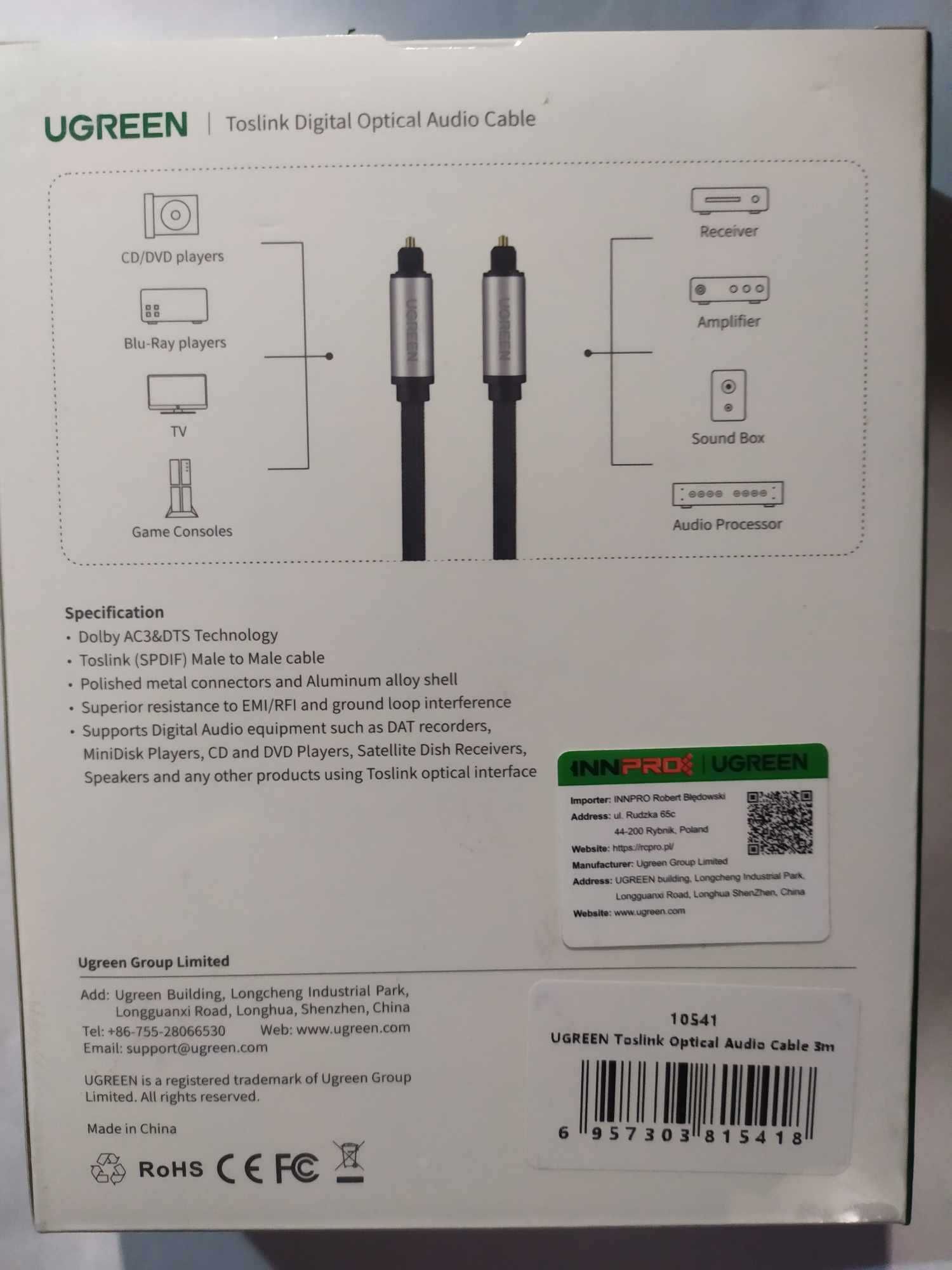 UGREEN Kabel optyczny Toslink Audio z oplotem Długi 3m