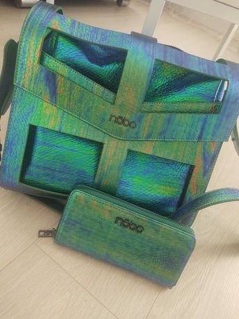 Zestaw NOBO holo torebka listonoszka + portfel stan idealny zielony