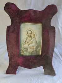 Stary obrazek św Józefa w aksamitnej ramce 32
