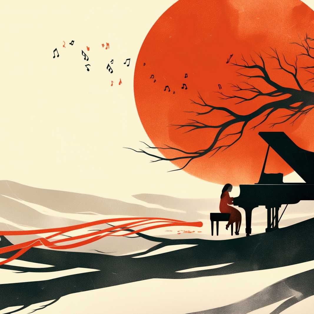 Plakat 50x50cm Pianistka | Zachód Słońca Fortepian Muzyka Vintage